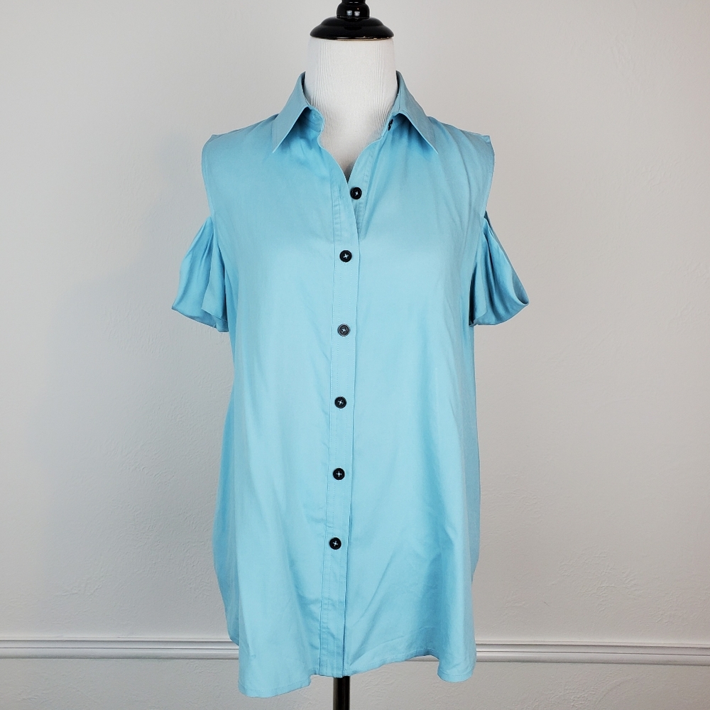 Alexander Wang Silk Blouse Top Cold Shoulder Button Down Blue Designer